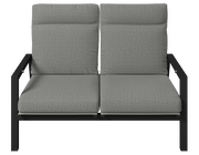 Gartenbank 2er mit grauen Kissen und schwarzem Metallrahmen, Frontalansicht