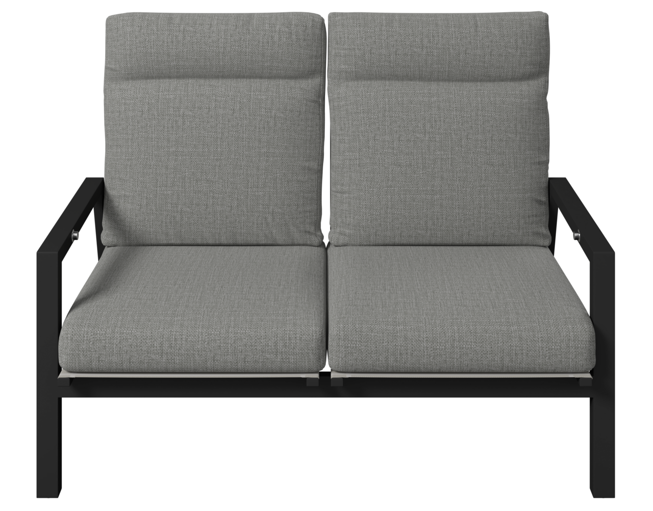 Gartenbank 2er mit grauen Kissen und schwarzem Metallrahmen, Frontalansicht