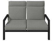 Gartenbank 2er mit grauen Kissen und schwarzem Metallrahmen, Frontalansicht