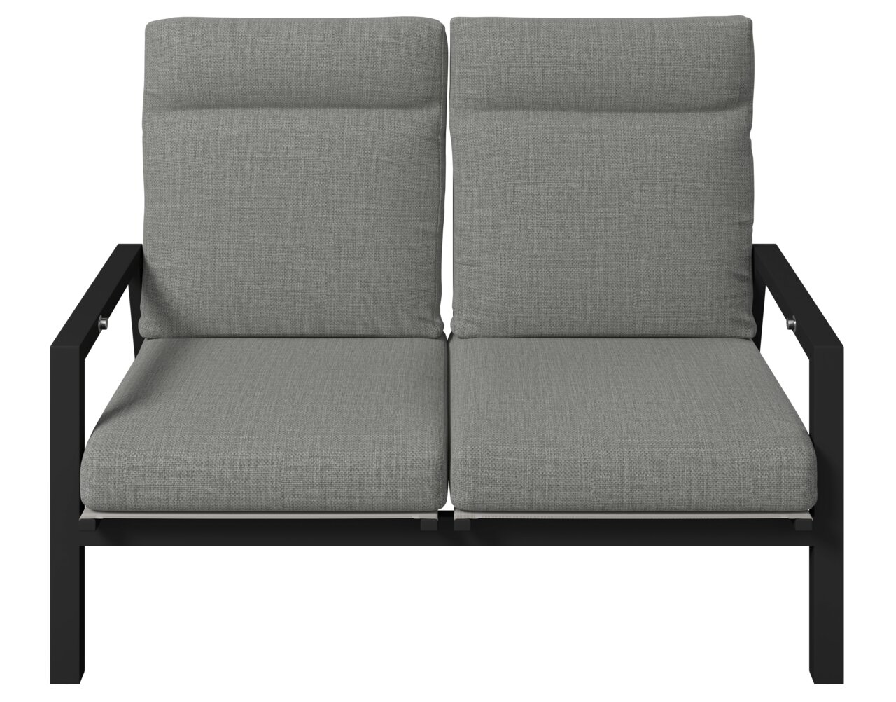 Gartenbank 2er mit grauen Kissen und schwarzem Metallrahmen, Frontalansicht