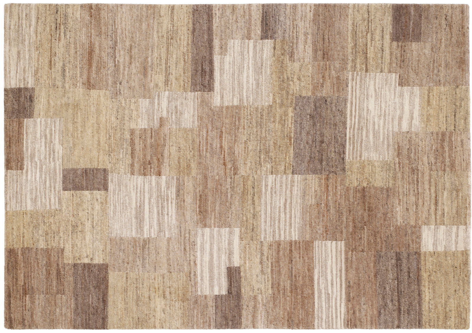 Wollteppich in verschiedenen Beige- und Brauntönen mit geometrischem Muster, Draufsicht