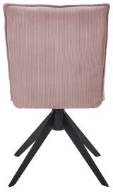Rückansicht eines Stuhls mit rosa, geripptem Stoffbezug und schwarzem Metallgestell.