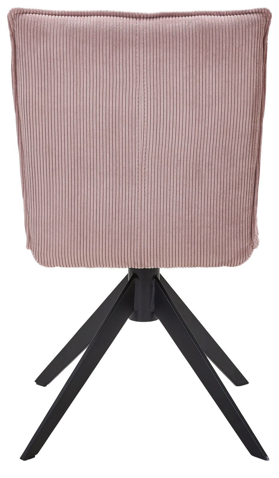 Rückansicht eines Stuhls mit rosa, geripptem Stoffbezug und schwarzem Metallgestell.