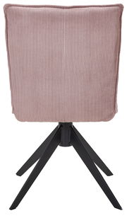 Rückansicht eines Stuhls mit rosa, geripptem Stoffbezug und schwarzem Metallgestell.