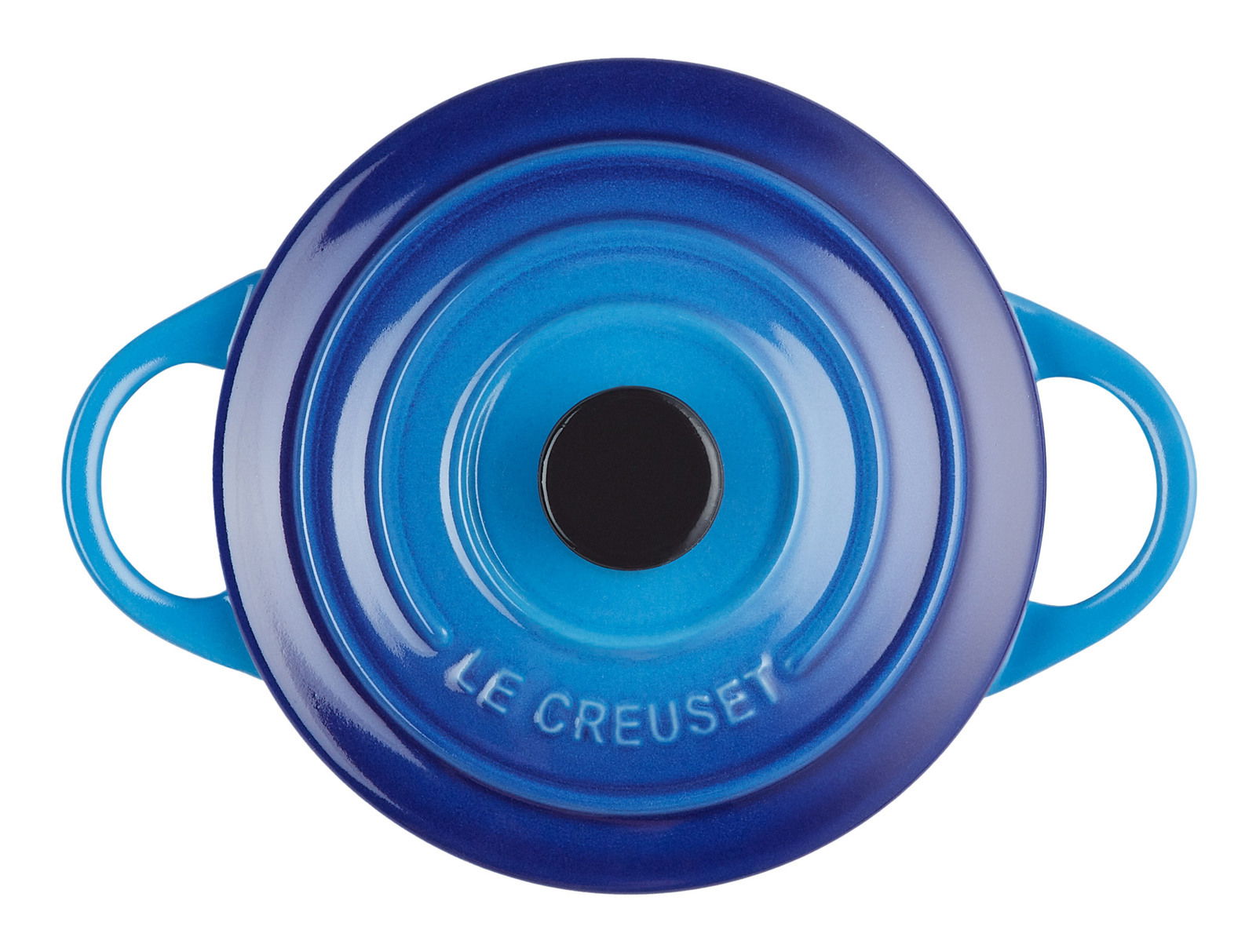 LE CREUSET Mini Cocotte 10cm Azure Blaue Mini Cocotte von oben mit zwei Henkeln, Le Creuset Logo sichtbar