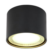 Schwarze zylindrische Deckenleuchte aus Metall mit goldener Innenverkleidung, Ansicht von unten.