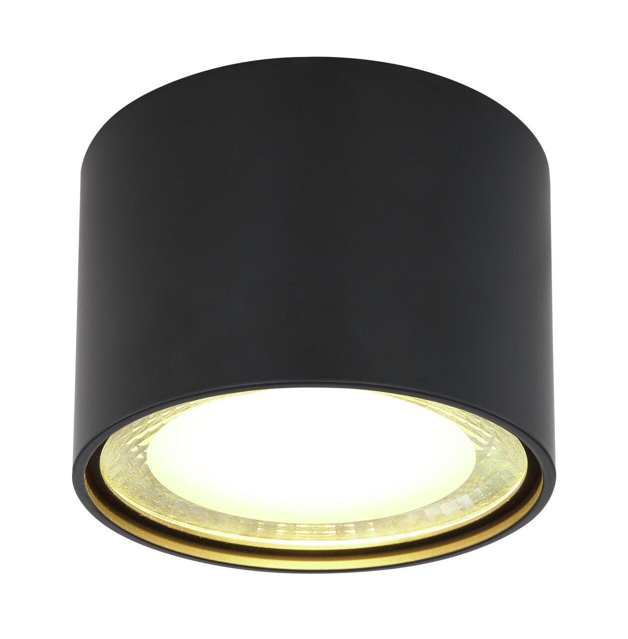 Schwarze zylindrische Deckenleuchte aus Metall mit goldener Innenverkleidung, Ansicht von unten.