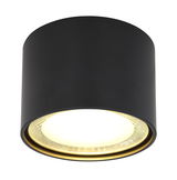 Schwarze zylindrische Deckenleuchte aus Metall mit goldener Innenverkleidung, Ansicht von unten.