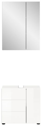 Moderne Badkombination mit Spiegelschrank und Unterschrank in weißer Hochglanzoptik, Frontalansicht
