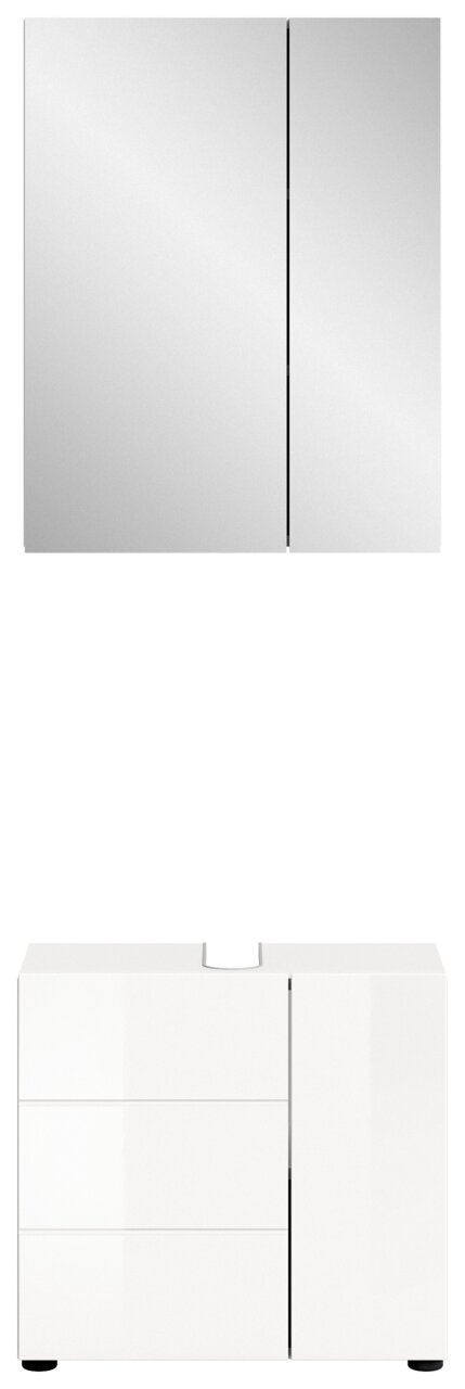 Moderne Badkombination mit Spiegelschrank und Unterschrank in weißer Hochglanzoptik, Frontalansicht