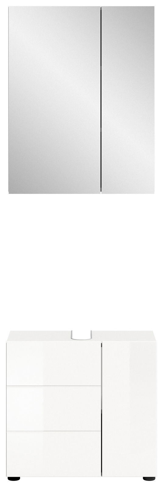 Moderne Badkombination mit Spiegelschrank und Unterschrank in weißer Hochglanzoptik, Frontalansicht