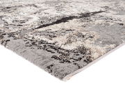 Designer Teppich in Grau- und Beigetönen mit abstraktem Muster, Perspektive von der Seite