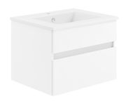 Weiße Badkombination aus der Serie NEXT4YOU von Puris mit zwei Schubladen, seitliche Perspektive