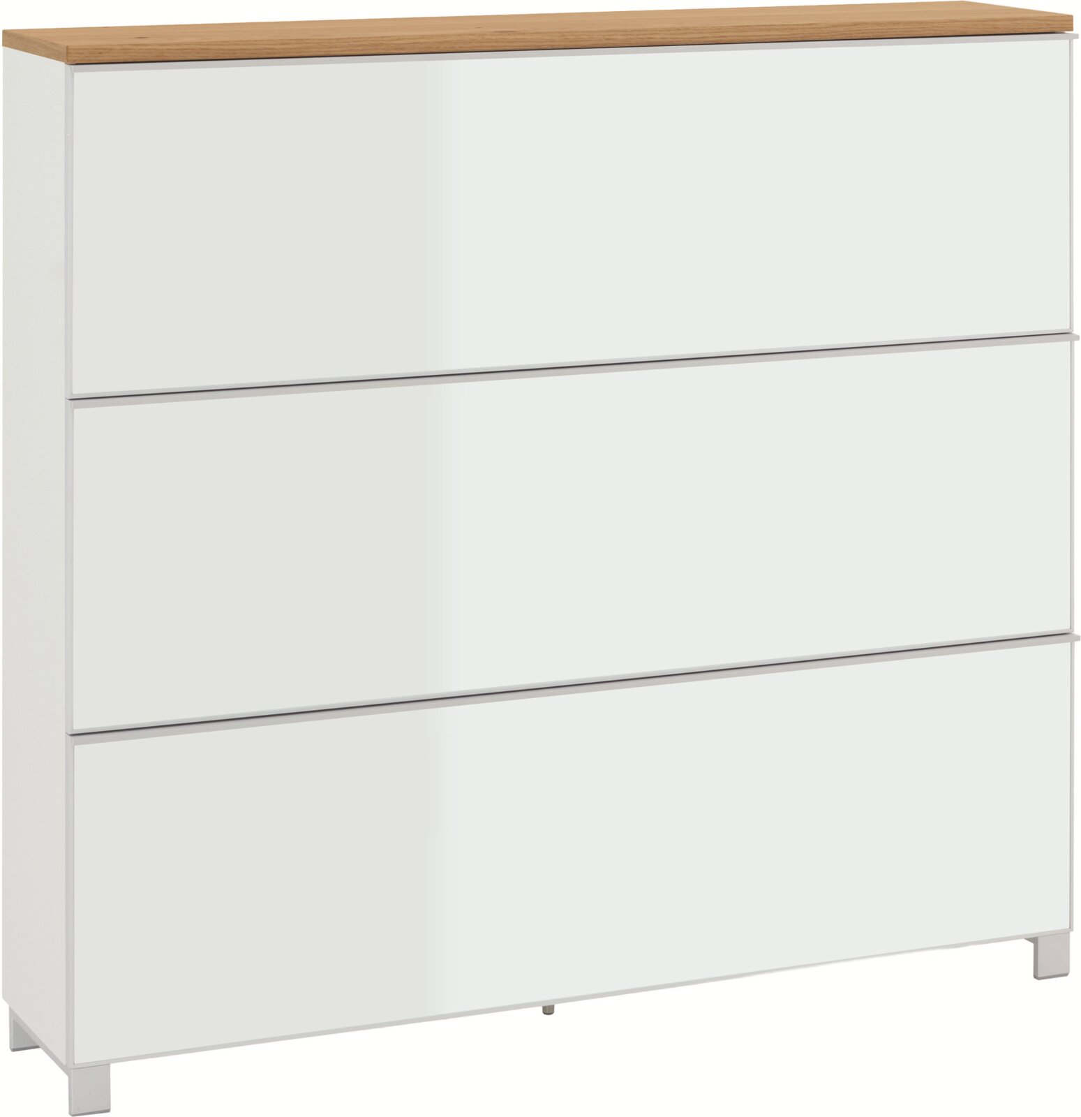 VOSS XXL-Schuhschrank VORTINA Weiße Kommode mit drei grifflosen Schubladen und Holzplatte, freistehend auf Metallfüßen, in frontaler Ansicht
