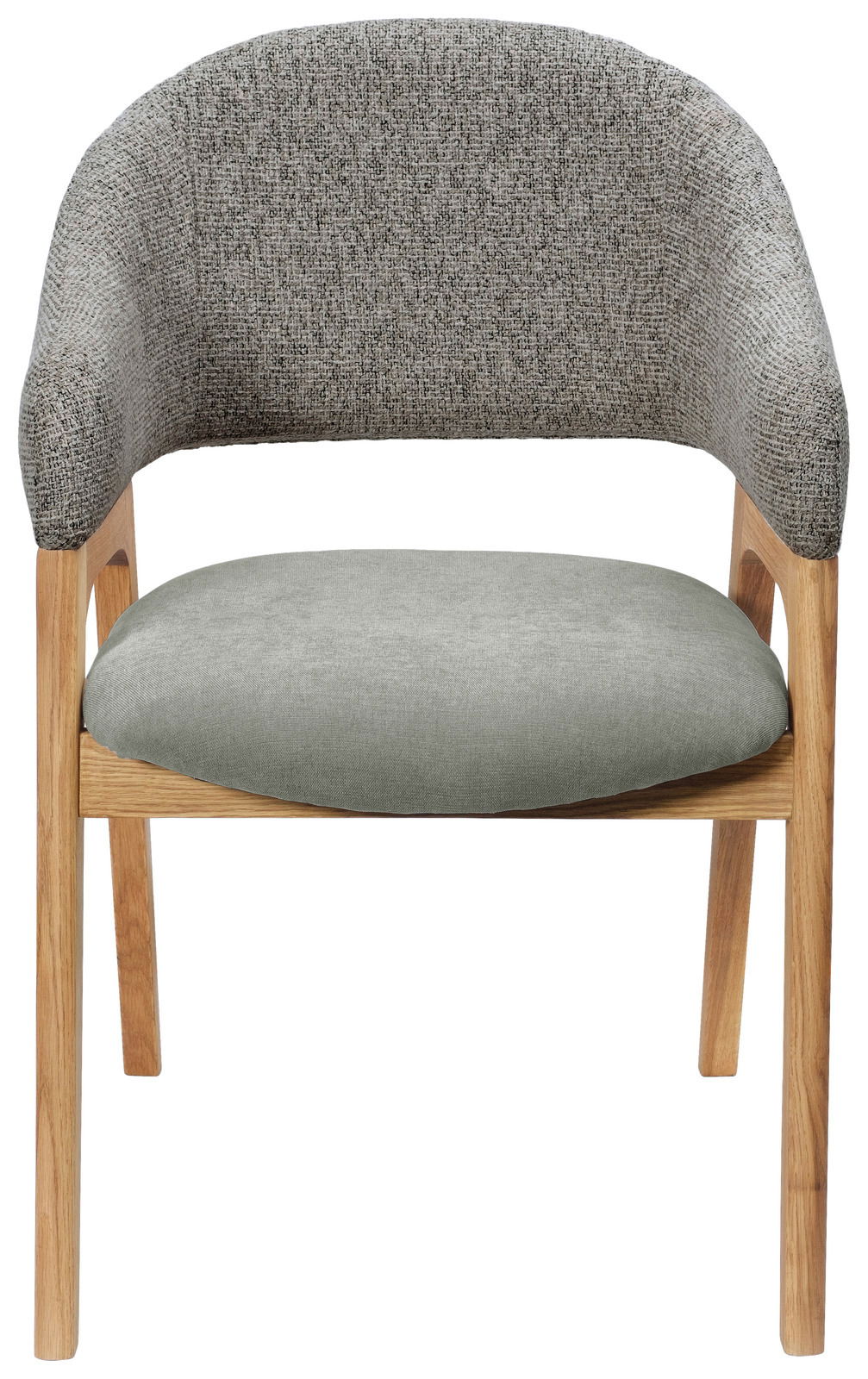 Moderner Armlehnstuhl mit grauem Stoffbezug und Holzgestell, Frontalansicht