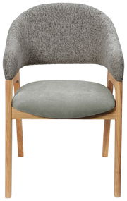 Moderner Armlehnstuhl mit grauem Stoffbezug und Holzgestell, Frontalansicht
