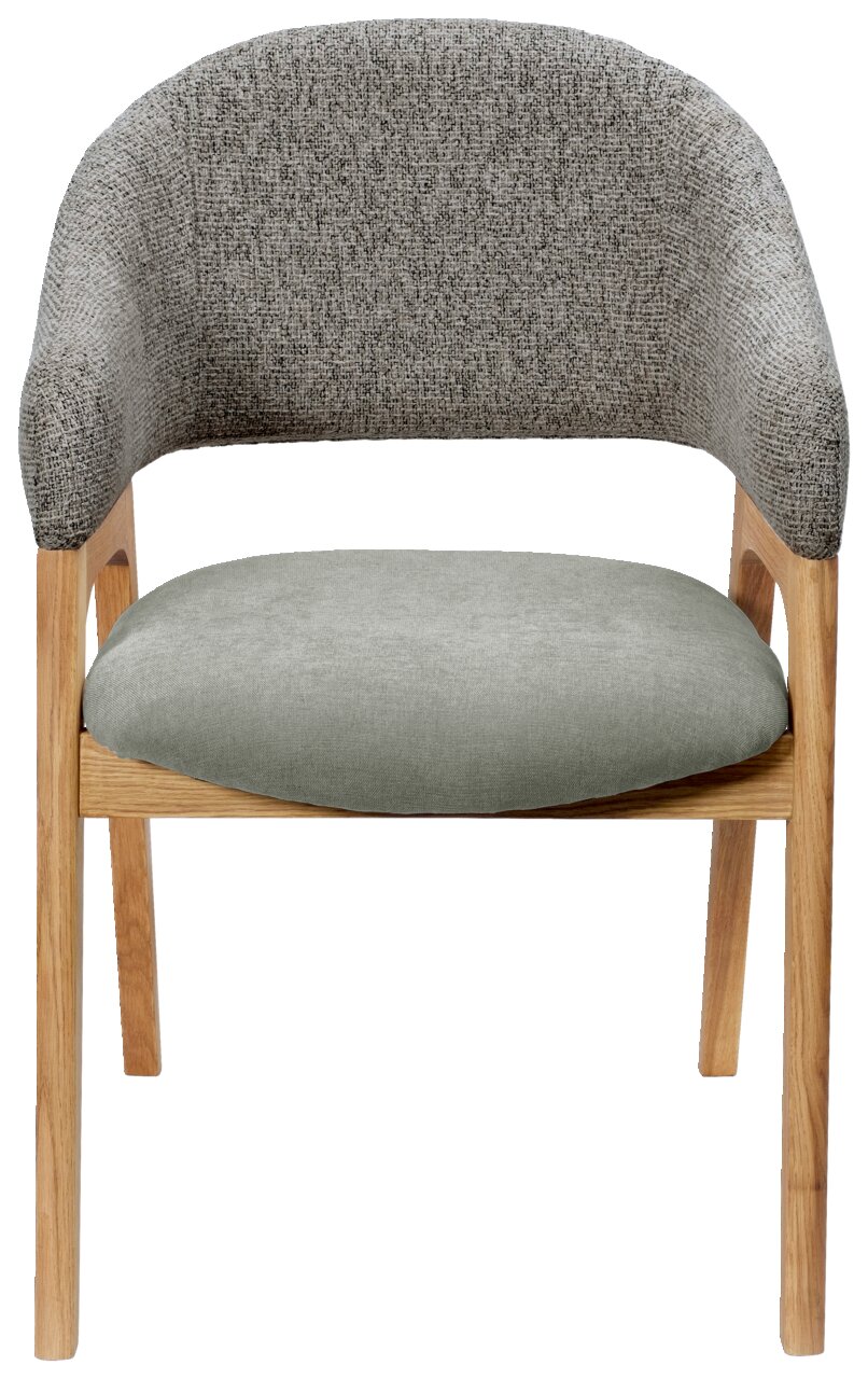 Moderner Armlehnstuhl mit grauem Stoffbezug und Holzgestell, Frontalansicht