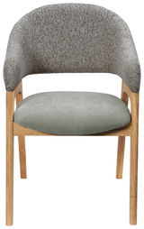 Moderner Armlehnstuhl mit grauem Stoffbezug und Holzgestell, Frontalansicht