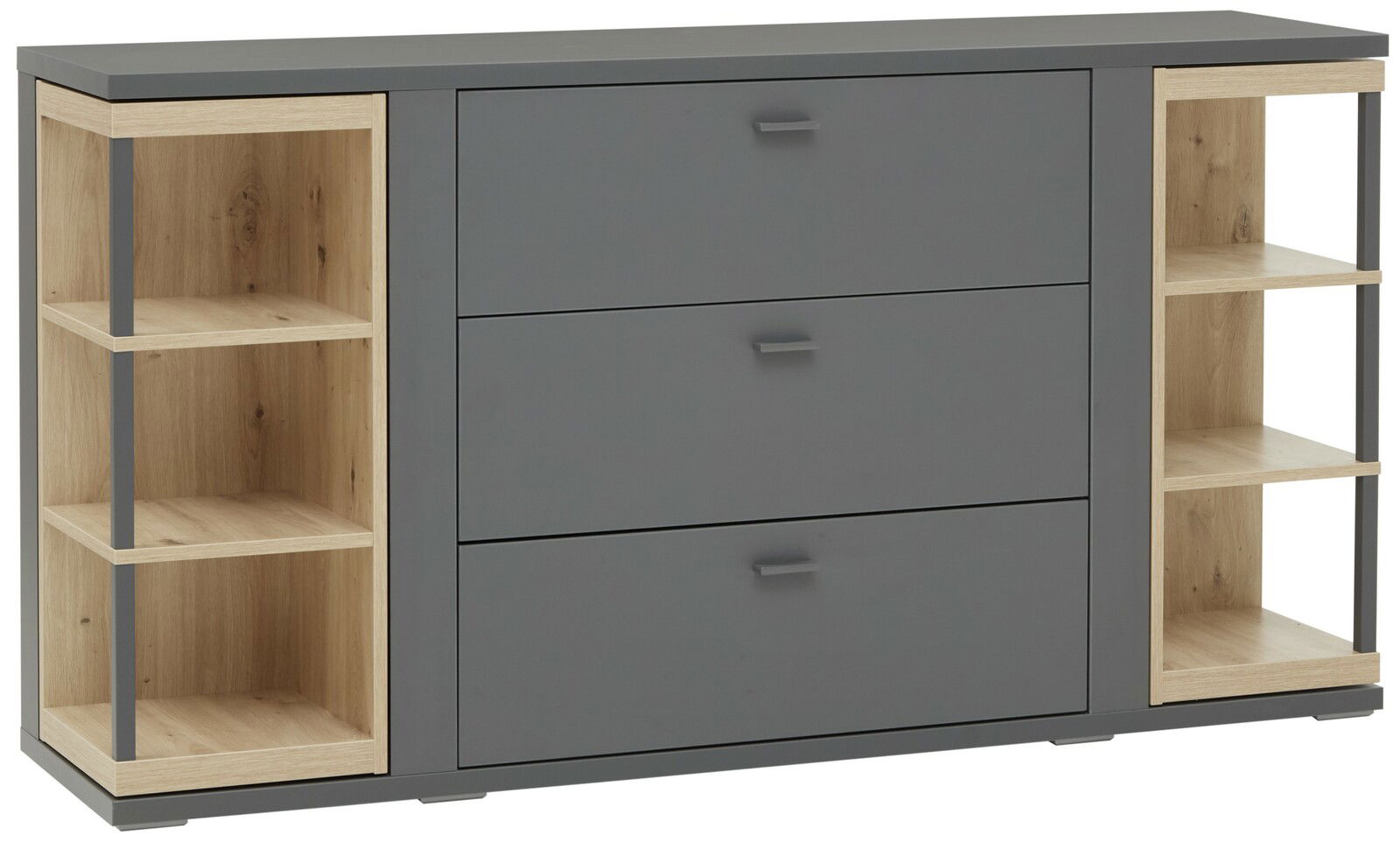 Modernes Sideboard in Grau mit Holzregalen, frontale Perspektive