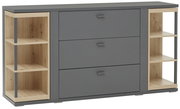 Modernes Sideboard in Grau mit Holzregalen, frontale Perspektive