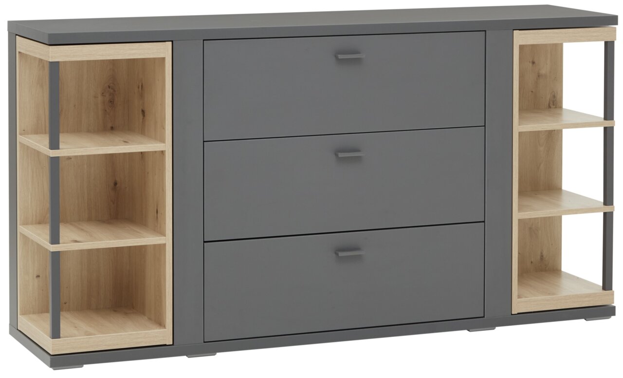 Modernes Sideboard in Grau mit Holzregalen, frontale Perspektive