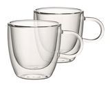 Zwei transparente Espresso-Gläser mit Henkel, seitliche Perspektive