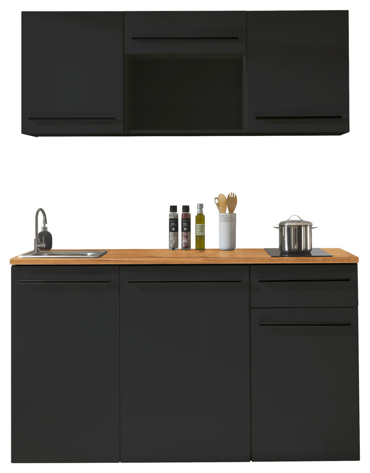 Moderne Single-Küche 160 cm in schwarzem Design mit Holzarbeitsplatte, Spüle und Stauraum, frontale Ansicht