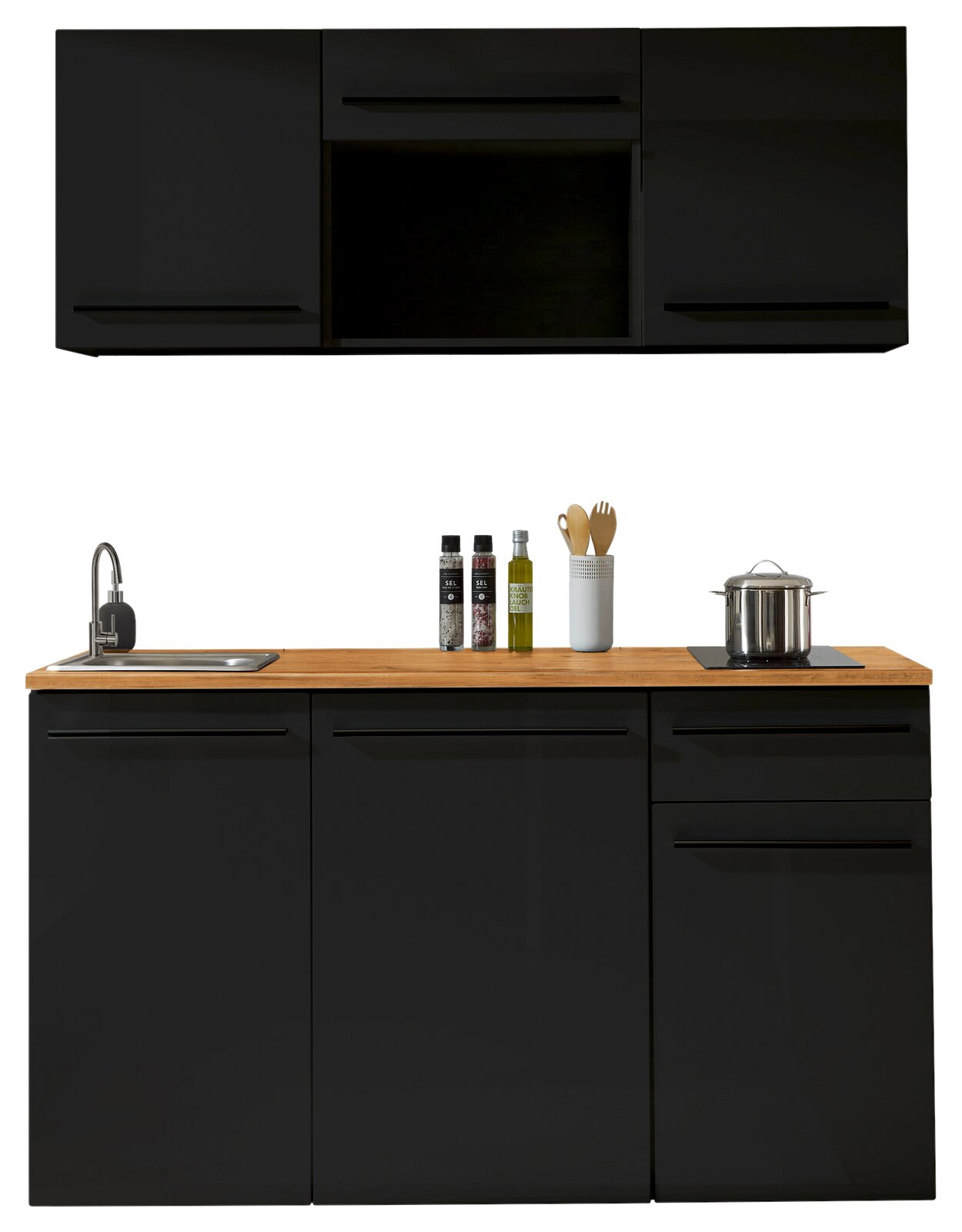 Yourkitchen Single-Küche 160 ohne E-Geräte JAZZ Moderne Single-Küche 160 cm in schwarzem Design mit Holzarbeitsplatte, Spüle und Stauraum, frontale Ansicht