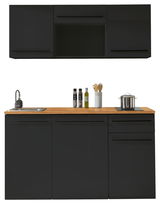 Moderne Single-Küche 160 cm in schwarzem Design mit Holzarbeitsplatte, Spüle und Stauraum, frontale Ansicht