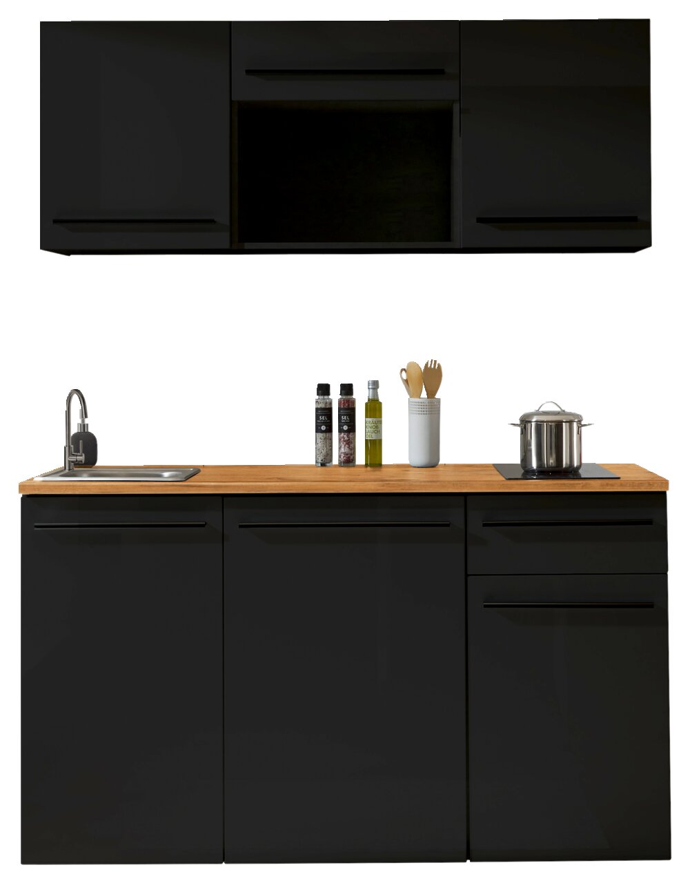 Yourkitchen Keukenblok 160 zonder elektrische apparaten JAZZ Moderne eenpersoonskeuken van 160 cm in zwart design met houten werkblad, spoelbak en opbergruimte, vooraanzicht