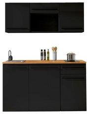 Moderne Single-Küche 160 cm in schwarzem Design mit Holzarbeitsplatte, Spüle und Stauraum, frontale Ansicht