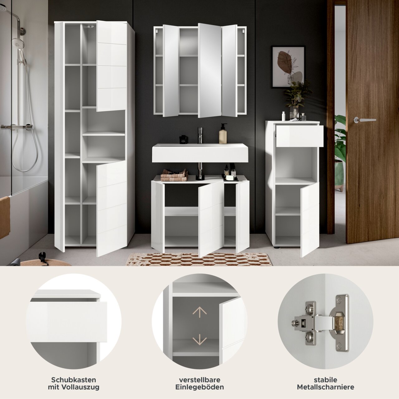 Moderne Badkombination in Weiß mit Hochschrank, Spiegelschrank und Waschbeckenunterschrank, frontal abgebildet. Enthält Schubkasten mit Vollauszug, verstellbare Einlegeböden und stabile Metallscharniere.