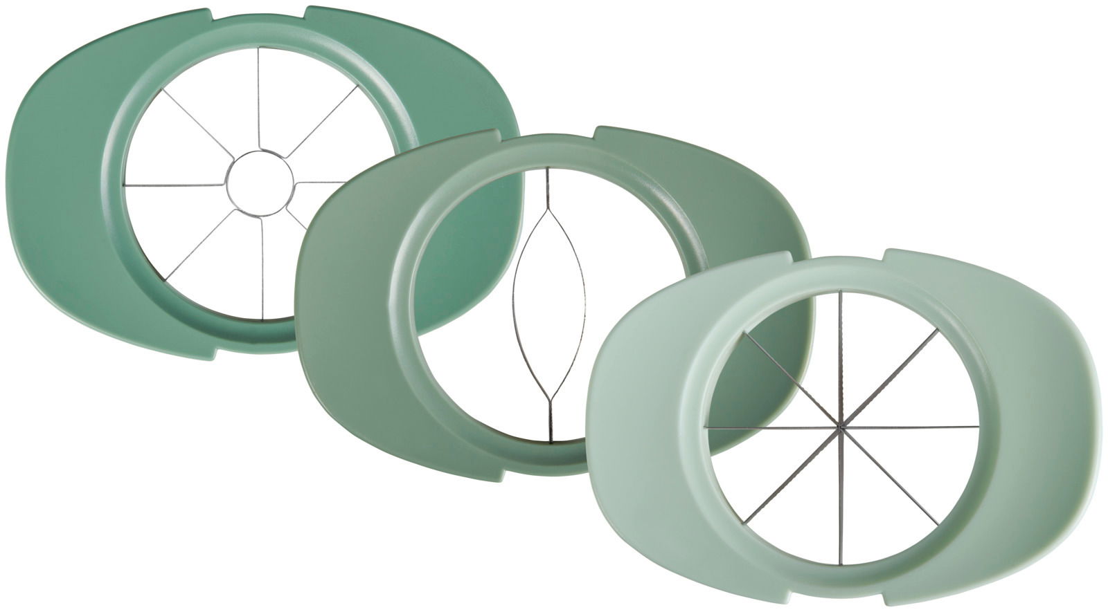 Drei grüne Apfelteiler in verschiedenen Perspektiven, die die Klingen und Griffe zeigen.