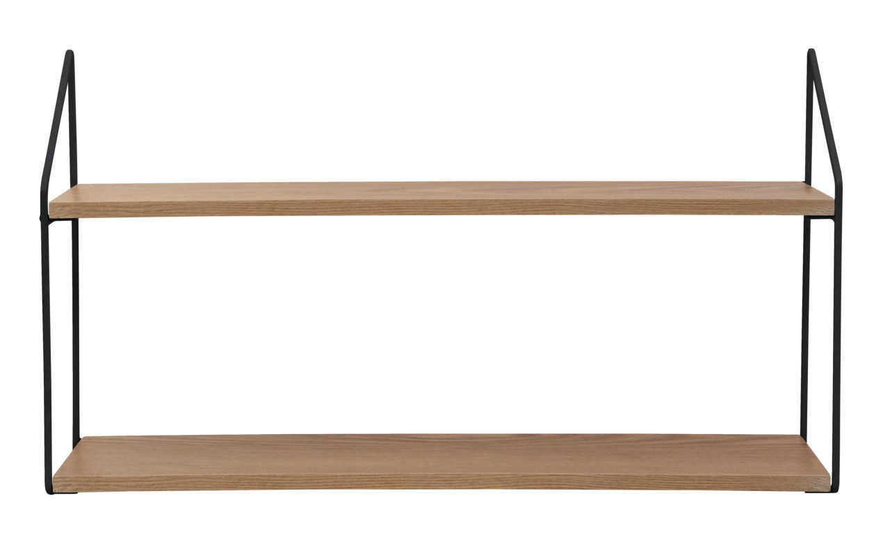 Hängeregal mit zwei Holzböden und schwarzem Metallrahmen, frontale Ansicht