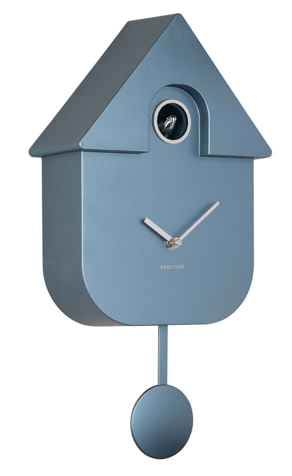 Moderne blaue Kuckucksuhr mit minimalistischem Design, seitliche Perspektive