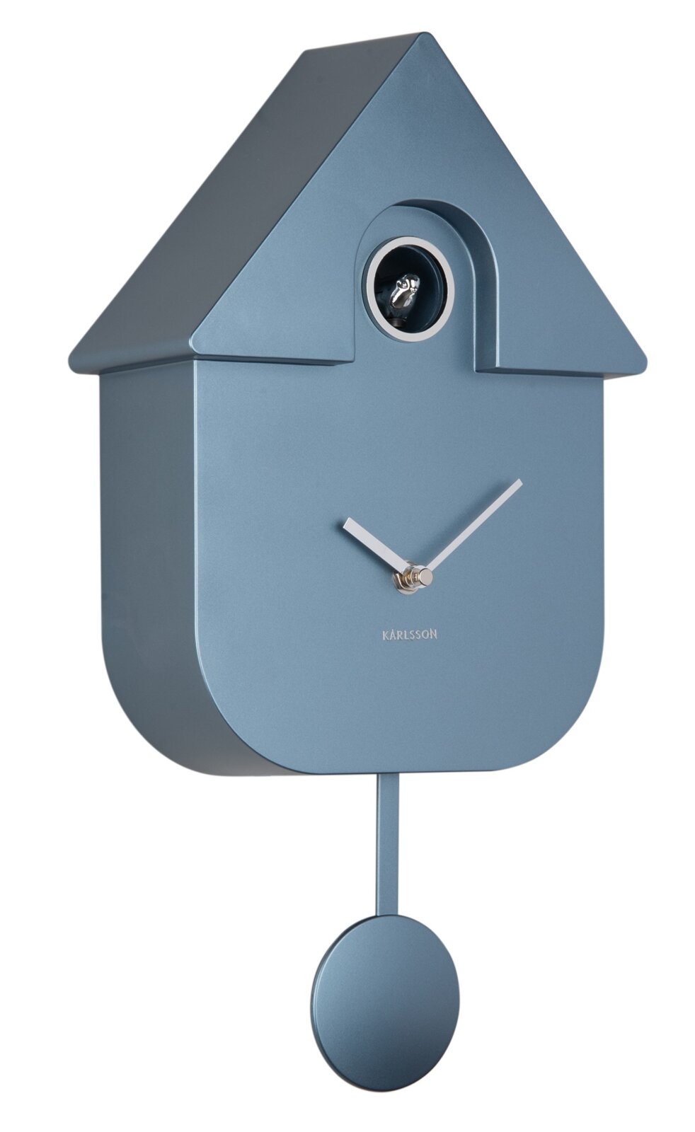 Moderne blaue Kuckucksuhr mit minimalistischem Design, seitliche Perspektive