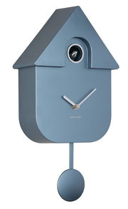Moderne blaue Kuckucksuhr mit minimalistischem Design, seitliche Perspektive