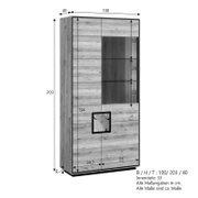 Hoher Holzschrank/Vitrine in Eichenoptik mit Glaseinsatz und quadratischem Griffdetail, mit Maßangaben (B/H/T ca. 100/203/40 cm, Innentiefe 33 cm), dargestellt in schräger Frontansicht von links.