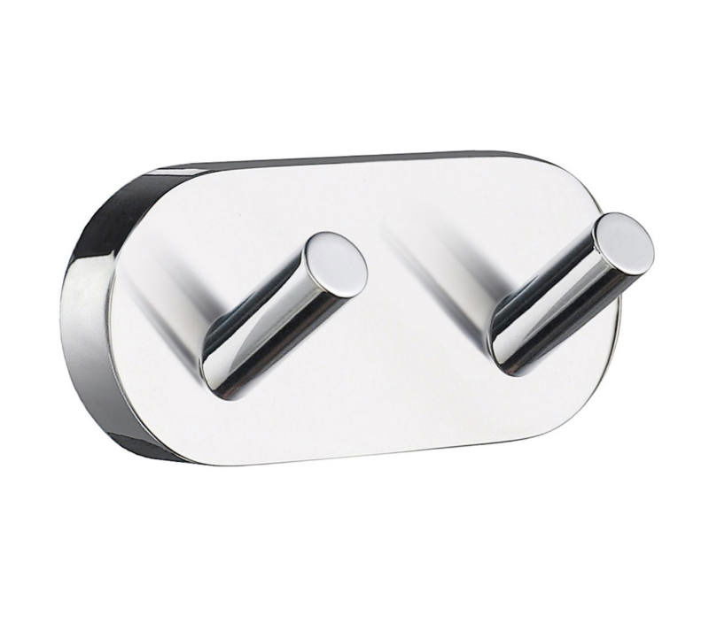 Doppelter Badetuchhaken aus glänzendem Metall, seitliche Perspektive