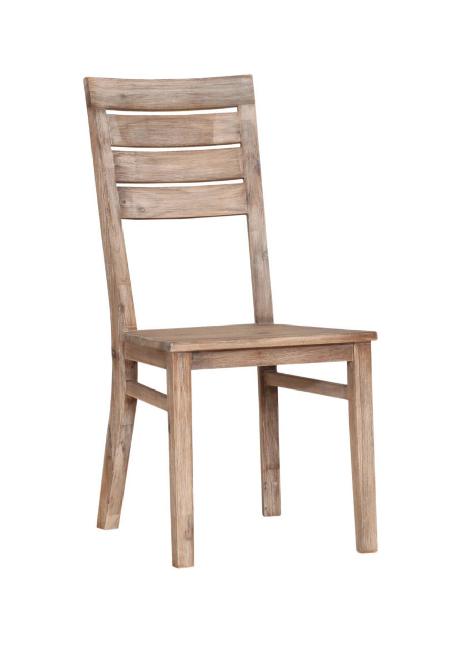 Holzstuhl mit Lattenrückenlehne, seitliche Perspektive