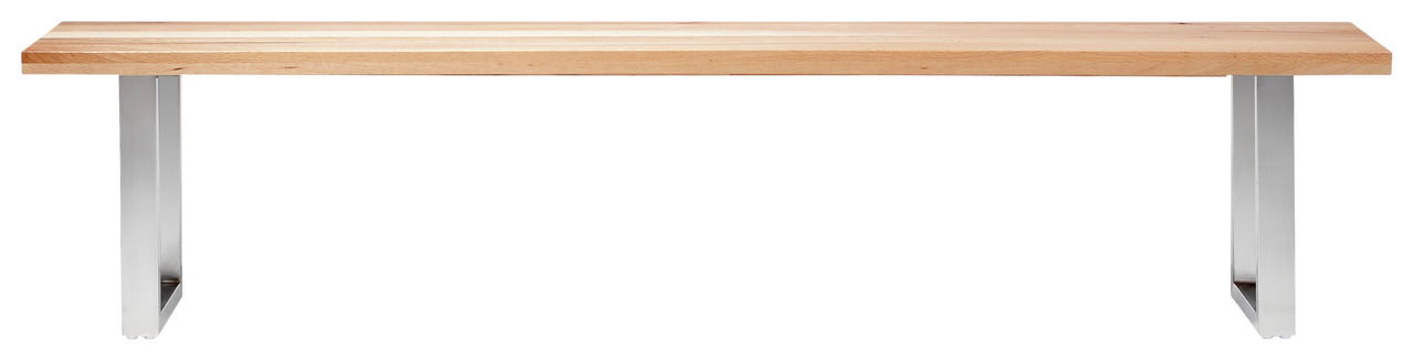 Holzbank mit Metallbeinen, frontal fotografiert