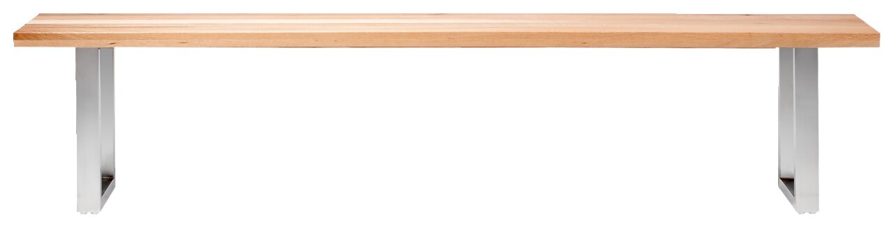 Holzbank mit Metallbeinen, frontal fotografiert