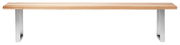 Holzbank mit Metallbeinen, frontal fotografiert