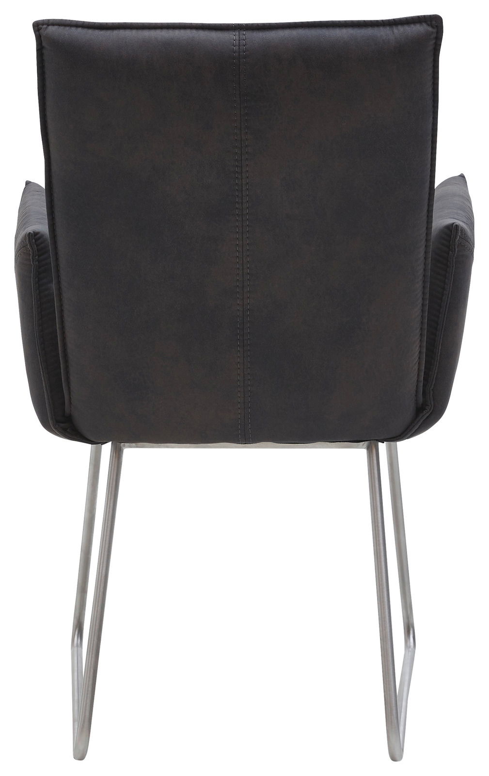 Rückansicht eines Sessels mit dunklem Stoffbezug und Metallbeinen.