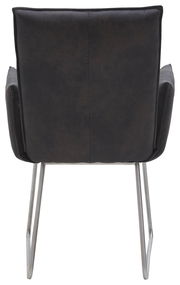 Rückansicht eines Sessels mit dunklem Stoffbezug und Metallbeinen.