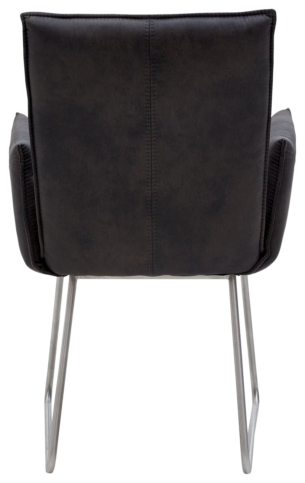 Rückansicht eines Sessels mit dunklem Stoffbezug und Metallbeinen.