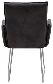 Rückansicht eines Sessels mit dunklem Stoffbezug und Metallbeinen.