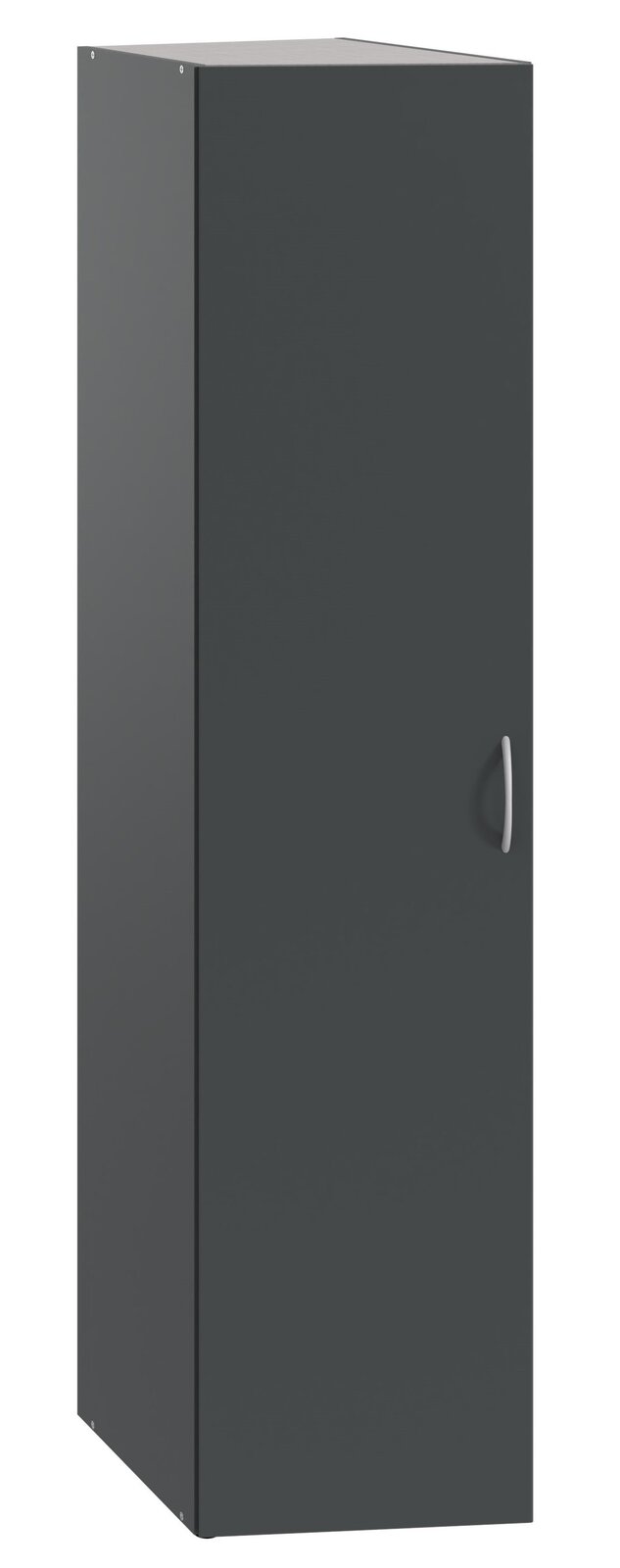 Dunkelgrauer Schrank mit einer Tür und silbernem Griff, seitliche Perspektive