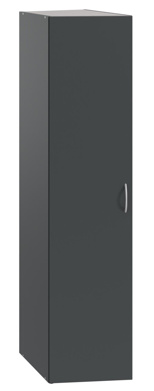 Dunkelgrauer Schrank mit einer Tür und silbernem Griff, seitliche Perspektive