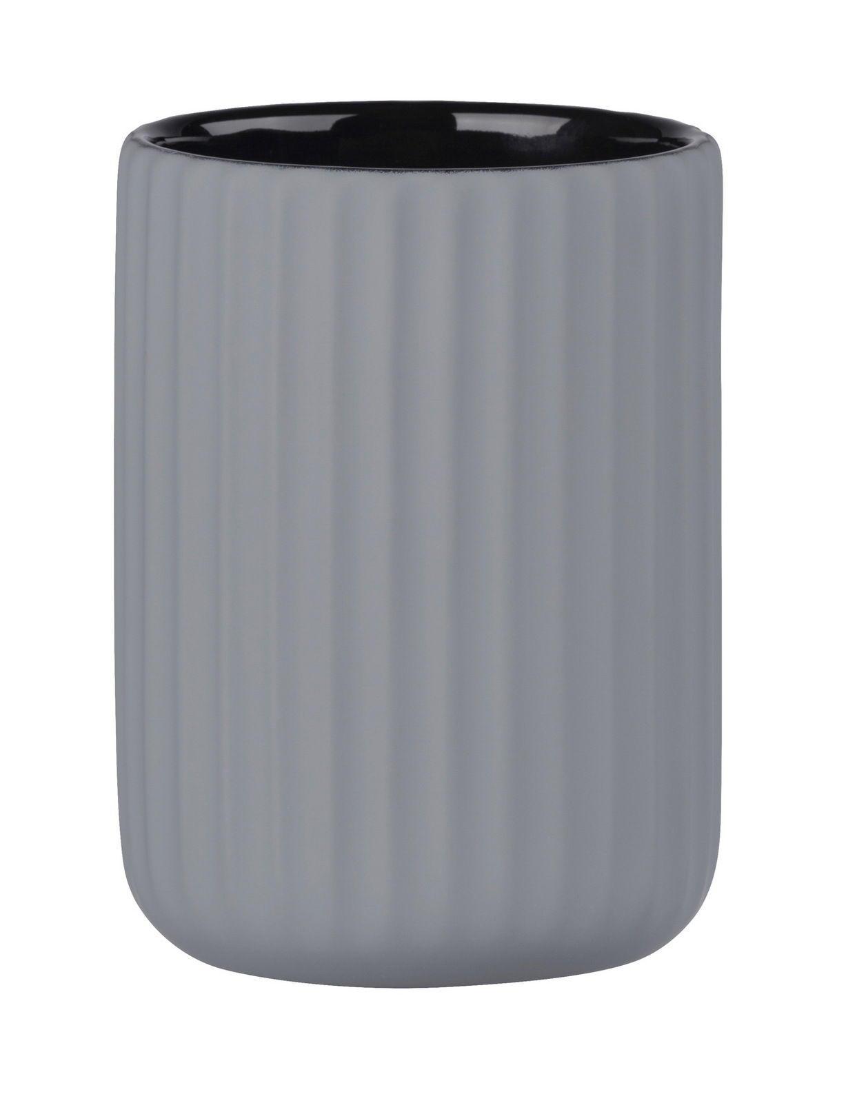 Grauer Keramik Zahnputzbecher Belluno mit geriffelter Oberfläche, Ansicht von vorne.
